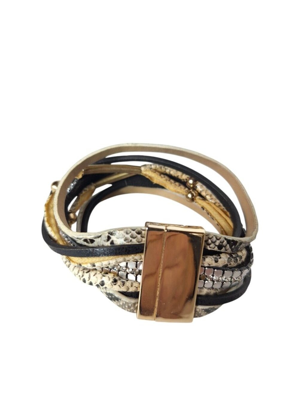 Boho Womens Multi Strand Leather Wrap Bracelet Snake Skin Gold Tone Magnetic Cla